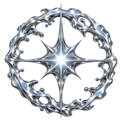 Sculptural chrome starburst emblem for Guest Star Bio
